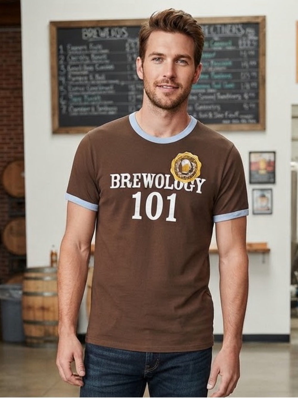 AMERICAN EAGLE OUTFITTERS Brewology 101 Ringer Tee M 20” p2p Brown NWOT
